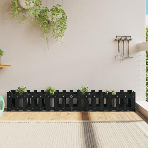 Zaunfelder Gartenzaun Metall, Hochbeet Latten-Design Schwarz 200x30x30 cm Massivholz Kiefer für Garten, Terrasse, Balkon und Wohnräume
