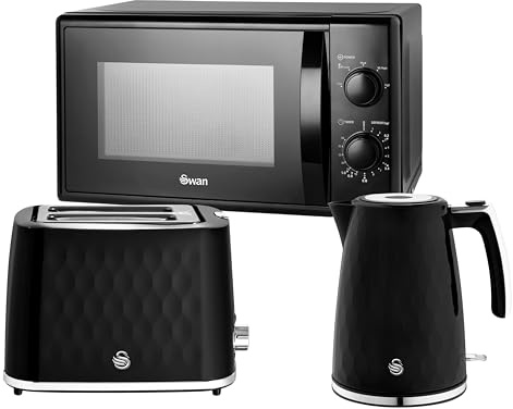 Swan Kitchen Appliance Bundle in Black – Hexton 1.7L Rapid Boil Kettle, Hexton 2 Slice Toaster & 20L Microwave SM4420BLK, Contemporay Matching Kitchen Set