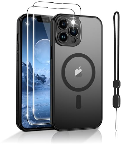 Jshru for iPhone 13 Pro Phone Case,Slim Magnetic Shockproof Cover Black | Compatible with Mag-safe,with Lanyard and HD Screen Protectors,Durable & Sturdy,Translucent Protective Phone Cover
