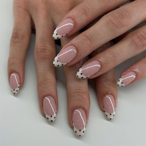 24Pcs Short Almond Press-on Nails, White French Tips with Black Dots | 24Pcs Short Almond Press-on Nails, White French Tips with Black Dots