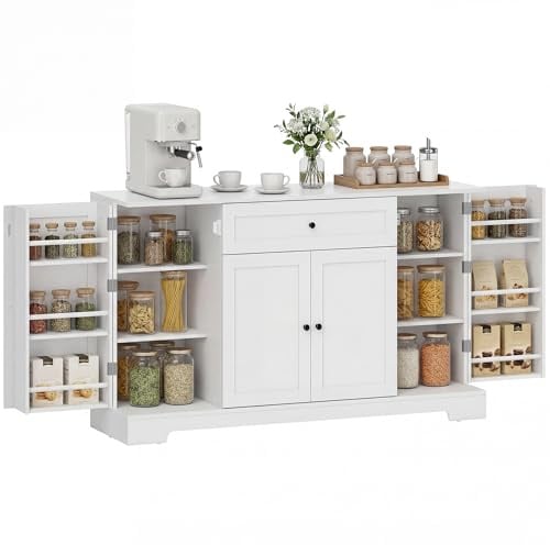 HOMCOM Sideboard für Küche, Aufbewahrungsschrank mit Schublade, 4 Türen mit sanftem Verschluss, verstellbare Regale, TV-Schrank bis zu 65 Zoll, für Wohnzimmer und Esszimmer, 140 x 40 x 80 cm, Weiß