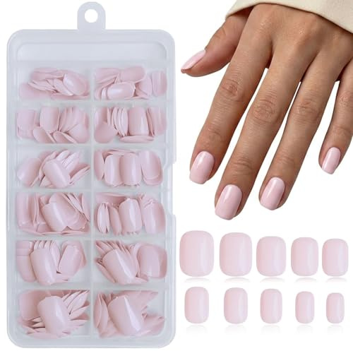 LunarCharm 240 Pieces Square Light Pink Press-on Nails, Short Artificial Square Nails for Full Coverage, Artificial Fingernails for Beginner DIY