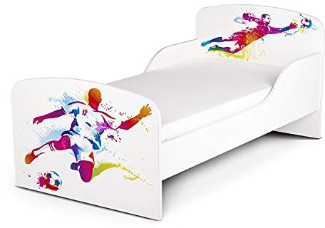 Leomark Funktionsbett aus Holz - Football - Kinderbett mit Matratze, Holzbett mit Seitenschutz Lattenrost, Komplett Set für Kinderzimmer, Liegefläche 70/140 cm, UV-Druck