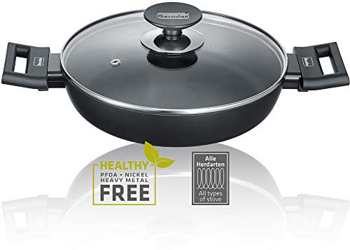 Berndes Servierpfanne 28cm - Alu Induktion - Pfanne mit hohem Rand & Soft-Touch Griffen, Induktionspfanne antihaft-beschichtet, induktionsgeeignet, zum Braten, Schmoren & Servieren, schwarz, 11367