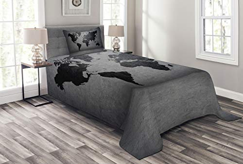 ABAKUHAUS Dunkelgrau Tagesdecke Set, Weltkarte an der Wall, Set mit Kissenbezügen Waschbar, für Einzelbetten 170 x 220 cm, Schwarz Grau