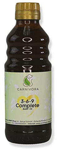 Carnivora Barf-Öl für Hunde: Omega 3 6 9 Complete Barf Öl + Vitamin E (in der Glasflasche) mit Lachsöl, Hanföl und Borretschöl (250ml Omega-3-6-9-Öl)