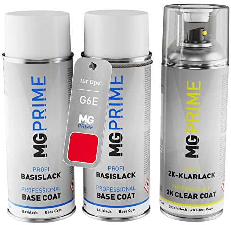 MG PRIME Autolack Spraydosen für Opel G6E Mohnrot/Solar Red + 2K-Klarlack | Set aus Grundlack + Basislack + 2K Klarlack, Sprühdosen 400ml