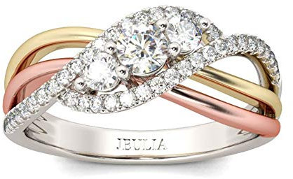 Jeulia Damen Dreifarbig Ringe Sterling Silber Verflochten Drei Steine Rundschliff Ringe Schmuck für Verlobungsring Trauring Ehering HochzeitsBand (58 (18.5))