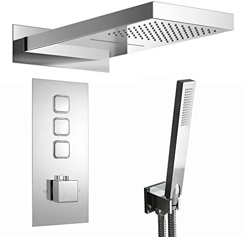 ENKI, Spello, SH0097, Square Thermostatic Concealed Shower Set with Dual Overhead Shower, Handset Kit, Chrome