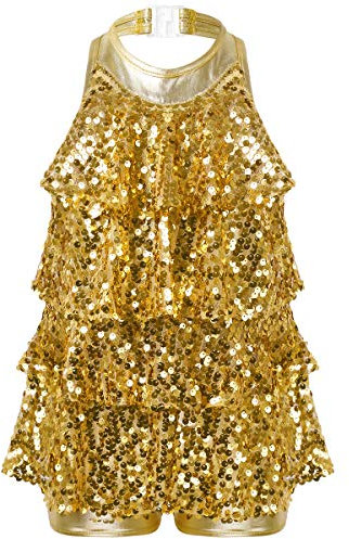 FEESHOW Kinder Mädchen Pailletten Tanzkleid Latin Jazz Neckholder Glitzer Fransenkleid Fransenrock Performance Wettbewerb Outft Gold 146-152