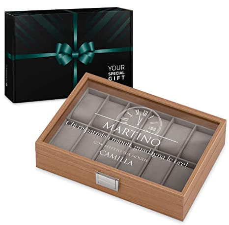Maverton Cofanetto Porta Orologi con 12 scomparti - Custodia orologi in legno - Coperchio in vetro - Fodera in velluto grigio - incisione personalizzata - regalo uomo - Ore