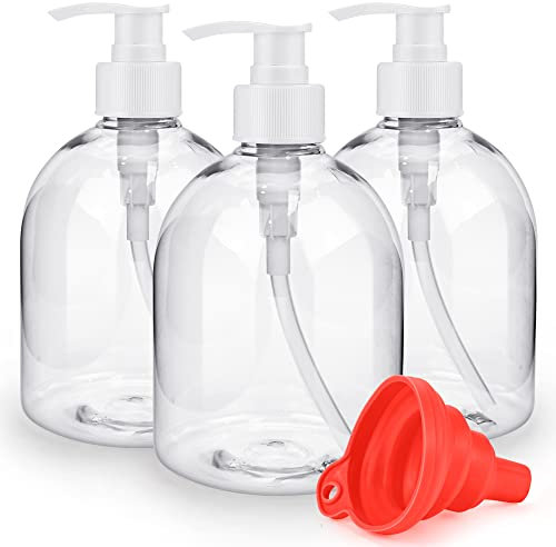 3Pcs 500ml/17oz Empty Refillable Plastic Pump Bottles, Reusable Large Capacity Transparent Soap Lotion Dispenser with Silicone Funnel & Labels for Shampoo Conditioner Liquids Shower Gel Hand Soap