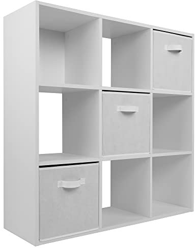 Charles Jacobs White 9 Cube Storage Shelving Unit + 3 White Fabric Drawers