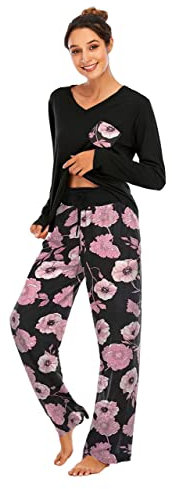 Famulily Pigiama da donna lungo, set pigiama invernale in cotone, biancheria da notte con scollo a V, a maniche lunghe, in due pezzi con tasche, viola., M