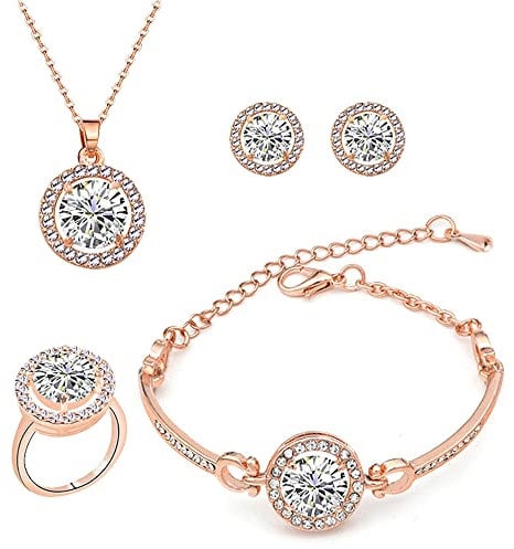 TOFBS Jewellery Set for Women and Girls Halo Pendant Necklace Earrings Bracelet and Ring Set Cubic Zirconia Jewellery Set (Rose gold)