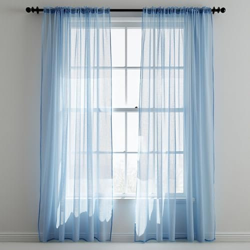 Trimming Shop Sky Blue Voile Curtains 2 Panel Semi-Transparent Sheer Slot Top Curtain Pair 142 x 206cm for Window & Door Lightweight Net Curtain for Bedroom, Kitchen & Living Room