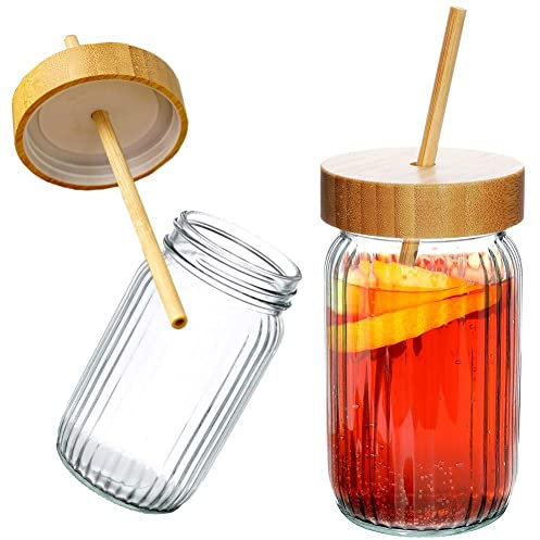 Vaso con tapa de bambú y pajita de cristal, 500 ml