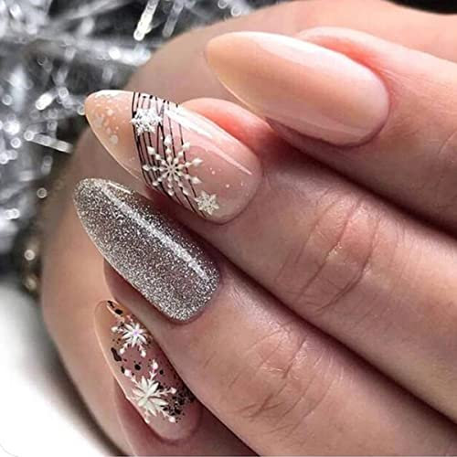 Bufenia Lot de 24 faux ongles de Noël en forme de flocon de neige, amande, courts, brillants, ovales à presser pour femmes et filles (D)