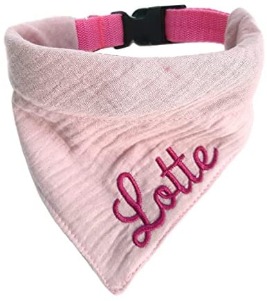 Musselin Hundehalstuch mit Halsband viele Farben Verstellbar optional mit Wunsch Namen Bestickt Halstuch Tuch Dog Bandana