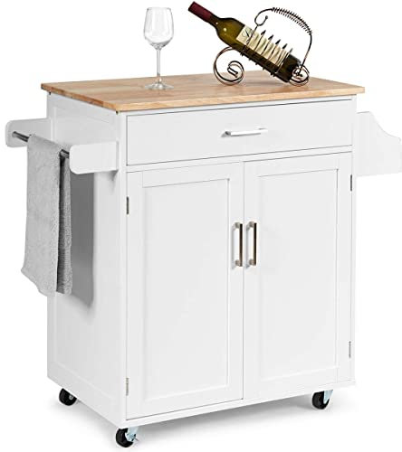 RELAX4LIFE Carrello da Cucina Grande Portaoggetti con Ruote Scorrevoli con Freni a Pedali, Carrello di Servizio in Legno Verniciato con Armadietto e Cassetti Capienti,136 x 76 x 91 cm (Bianco)