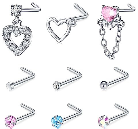 AVYRING 20G Herz Nasenstecker L Form Silber Chirurgenstahl Nasenpiercing Ring Piercing Nase Nostril Piercing Schmuck für Damen 12 Stück
