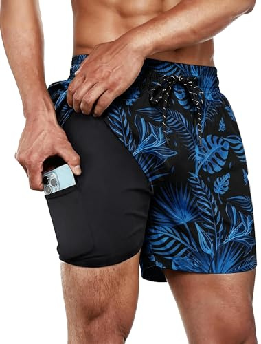 HMIYA Badehose Herren 2 in 1 Badeshorts Kurz mit Reißverschlusstaschen | Schnelltrocknend Schwimmhose,Elastischer Bund mit Kordelzug,Boardshorts mit Kompression