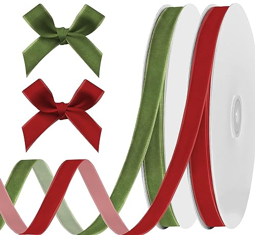 ALIBBON 2 rotoli di nastro in velluto rosso verde e rosso vino, verde bosco, colori assortiti, nastro sottile rosso scuro, verde erba, tinta unita, per confezioni regalo, fiocchi da cucito