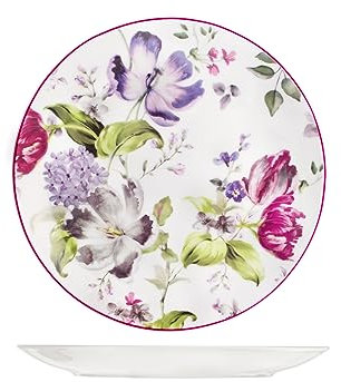 H&H Madam Set 12 Piatti Piani, Porcellana, Decoro Floreale, Bianco, 27cm