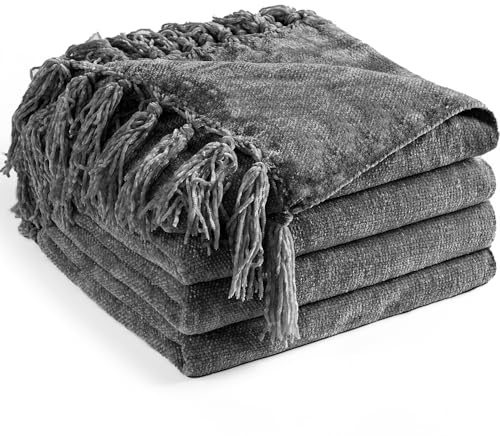 LONG CREATE Chenille-Überwurfdecke für Couch, 152,4 x 203,2 cm, weich, gemütlich, Überwurf mit Fransenquaste für Bett, Sofa, Stuhl, leicht, gestrickt, dekorative Boho-Decken für Wohnzimmer, Dunkelgrau
