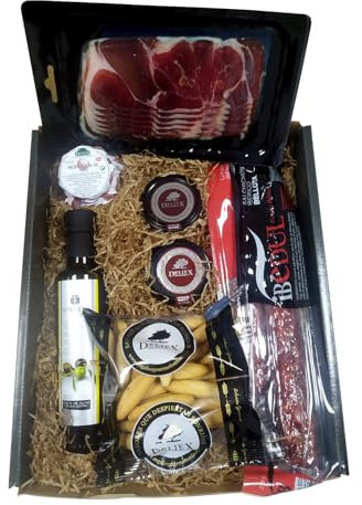 Deliex delicias de Extremadura. Cesta gourmet regalo con aceite La Chinata, jamón, lote de ibéricos, patés, picos ...Regalos originales para hombres y mujeres. (Cesta sin queso)