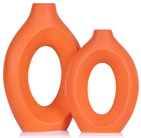 Orangefarbene Vase, 2er-Set, Moderne, Hohle, mattorangefarbene Keramikvase, dekorative Pampasgras-Blumenvase im Boho-Stil für Wohnzimmer, Hochzeit, Schlafzimmer, Esstisch und Bürodekoration
