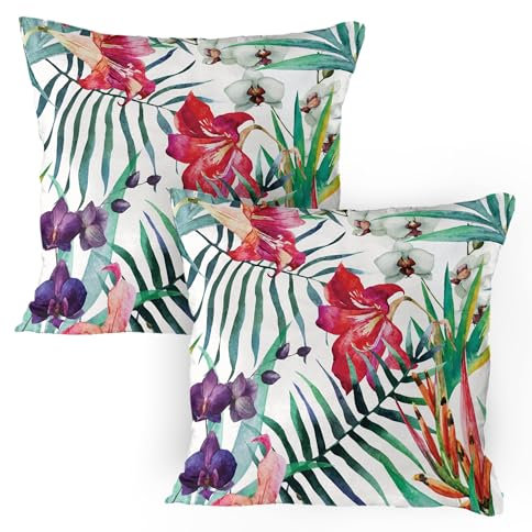 ABAKUHAUS Aquarell-Blumen Kissenbezug Packung mit 2, Tropische Wilde Orchideen Blumen Mit Palmblättern Druck Exotische Art Natur, Dekorativer Standard Gedruckter Kissenbezug, 80 x 80 cm, Mehrfarbig