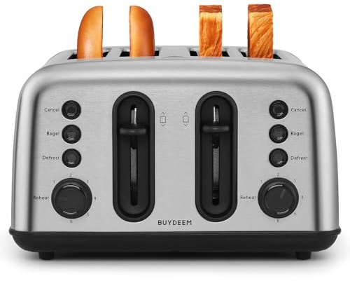 BUYDEEM DT440 4 Slice Toaster, Stainless Steel Toaster with Extra Wide Slots for Bagels, Muffins, High Lift Lever, 6 Shade Settings, Retro Sliver
