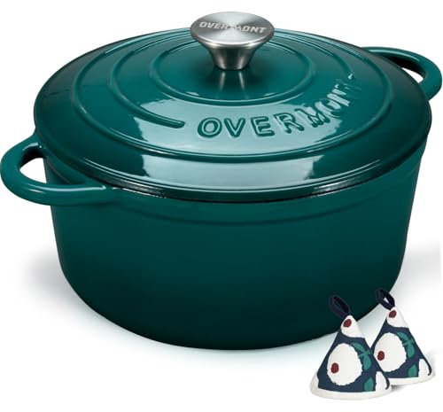 Overmont 24cm/4.2L Enamelled Cast Iron Round Casserole Pot With Lid Cookbook & Cotton Potholders - Non-stick Dutch Oven Cookware for Braising, Stews, Roasting, Bread Baking - Bottle green, 4.5QT