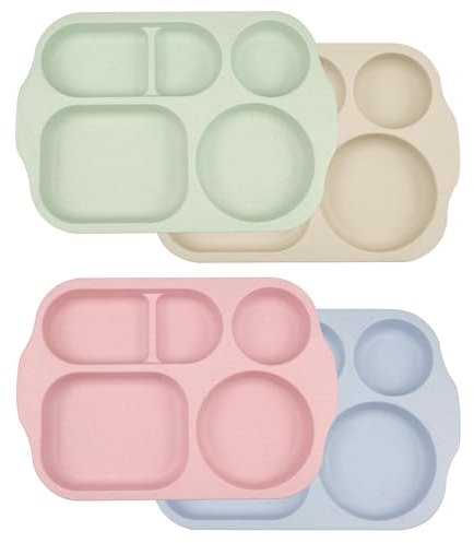 wocpvm 4 Pièces Assiette Enfant Compartiment Plateau Repas Enfant Assiette Plate Divisée Incassable Assiette Equilibre Alimentaire avec 5 Compartiments pour les Mangeurs Difficiles-Reutilisable