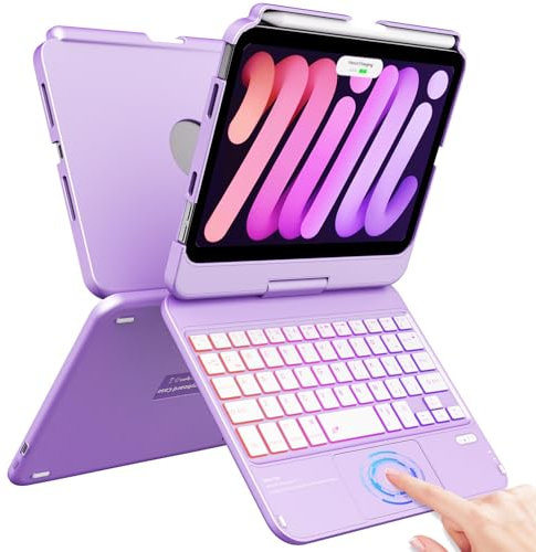 FUWANG Touchpad Keyboard Case for iPad mini 7 A17 Pro 2024 & Mini 6th Generation 2021 8.3 inch - 360° Rotate 7 Color Backlit Keyboard for iPad mini 7th 6th Generation with Pencil Holder, Purple