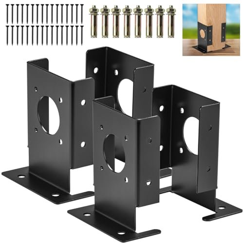 Pergola Post Brackets, LAVANE 6PCS Heavy Duty Metal Black Base Brackets Kit - 4pcs Adjustable Post Anchor Brackets + 2PCS 3-Way T Corner Brackets
