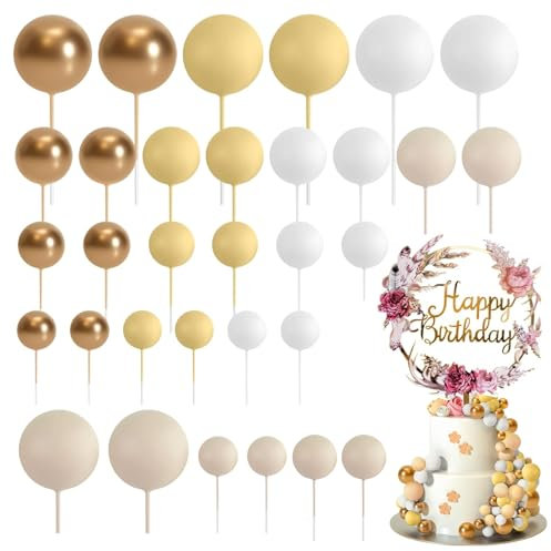 Asheyya 32PCS Cake Balls Decoration, Gold Cake Topper Mini Balloons for Wedding Party Birthday Cake Decorations with a Flower Plaque