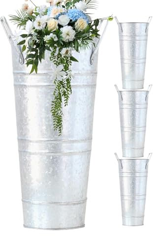 Vasi in metallo zincato, vaso da fiori in metallo, vaso rustico in metallo, 4 secchi per fiori da sposa alti, vaso decorativo floreale per latte, vaso decorativo per la casa