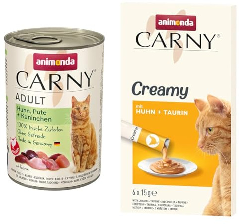 Paket animonda Carny Adult Katzenfutter, Huhn, Pute + Kaninchen, 6 x 400 g + Creamy - Premium Katzensnack für anspruchsvolle Feinschmecker - zarte Huhn und Taurin in Frischebeuteln - 6 x 15 g