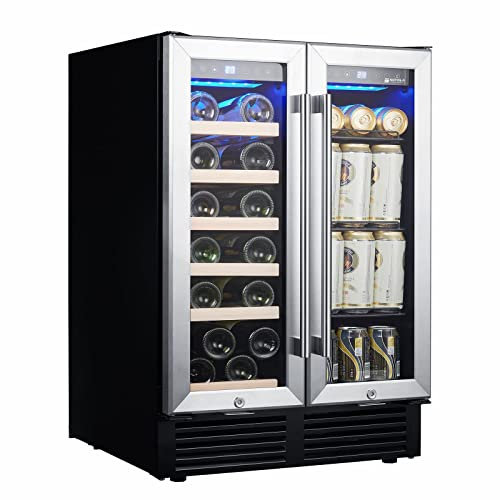 YIHANSS 24'' Wine Cooler Refrigerator, Dual Zone Built-in or Freestanding Wine Cooler with Double Glass Door, Mini Quietly Fridge with Compressor, Keeps 19 Wine Bottles and 57 Cans Beverages