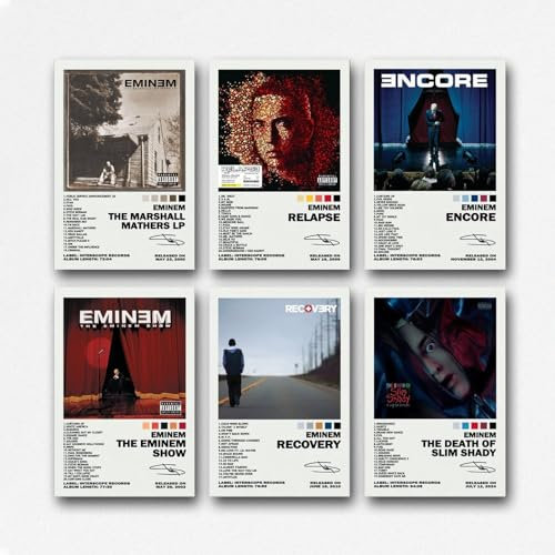 Minhais Musikalbum-Cover, Eminem, signierte limitierte Poster, Drucke, 6er-Set, Leinwand-Kunst-Poster für Schlafzimmer, Musikalbum, Leinwand-Poster, Album, Musik, künstlerisches Poster, 20 x 30 cm,