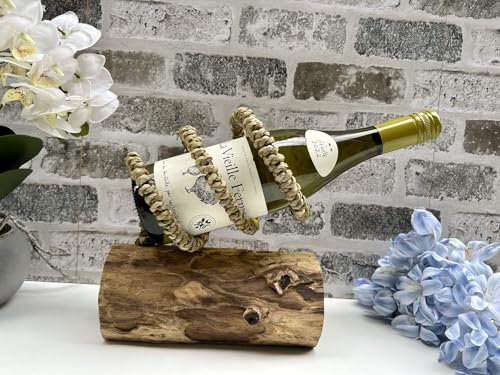 Single Bottle Tilt Wine Holder - Wooden Driftwood & Rope - Teak Driftwood