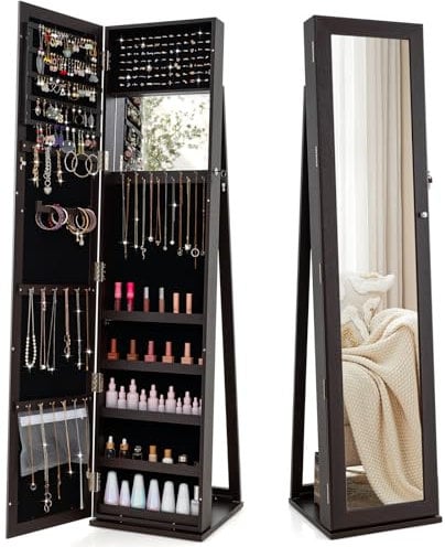 COSTWAY Schmuckschrank, Spiegelschrank mit Ganzkörperspiegel und integriertem Make-up-Spiegel, abschließbar, stehend, Schmuckaufbewahrung, Schmuck-Organizer (Dunkler Kaffee)