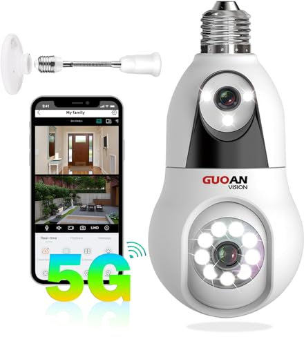 GUOANVISION 6MP Light Bulb Security Camera, 5G& 2.4GHz WiFi Dual Lens Wireless Light Socket Camera for Indoor, Color Night Vision, Motion Tracking, Audible Alarm, Compatible with Alexa, SD/Cloud