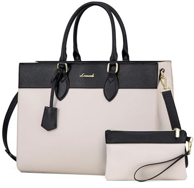 LOVEVOOK Laptoptasche Damen, 15,6 Zoll Handtasche Arbeitstasche Lehrertasche Groß, Wasserdicht Shopper Business Tasche Schultertaschen Aktentasche Umhängetasche Leder Tote Bag für Büro,Schwarz Beige