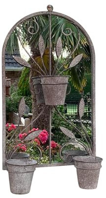AcaciaHome Vintage Rusty Metal Wall Mirror with Triple Planter 3 Pots Holder - 70cm Arch Design, Indoor/Outdoor Large Garden & Patio Décor for Living & Garden Spaces (1, Vintage leaf)