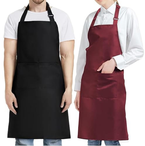 Yolisat 2 STK Kochschürze für Männer Damen,Wasserdicht Schürze mit 2 Taschen,Verstellbare Grillschürze mit langen Bändern,Küche Restaurant Café schürze grillschürze werkenschürze - rot und schwarz