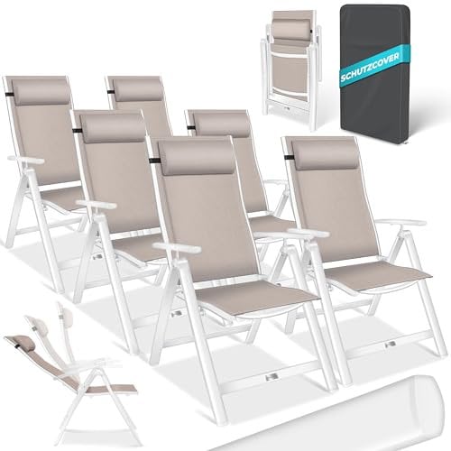 KESSER® Gartenstuhl Hochlehner mit Armlehnen 6er Set Aluminium Klappstuhl mit Kopfkissen & Abdeckung Campingstuhl 7-Fach Verstellbar Rückenlehne Atmungsaktiv Wetterfest Klappbar Anti-Rutsch, Taupe