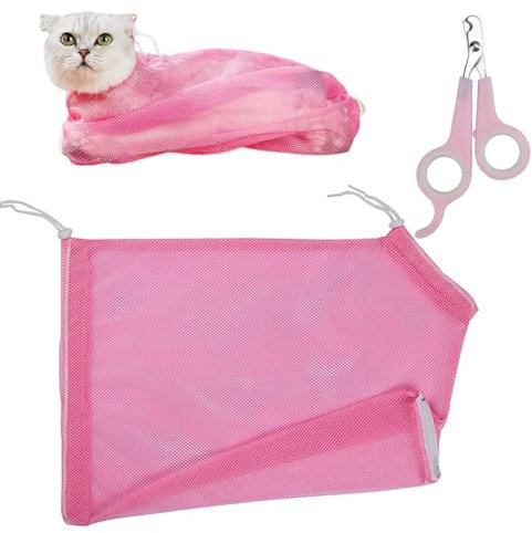 SICAILU Cat Bath Bag with Pet Nail Scissors, Anti Bite Anti Scratch Cat Grooming Mesh Bag, Cat Grooming Kit for Pet Shower, Cleaning Ear, Nail Trimming, Medicine Feeding